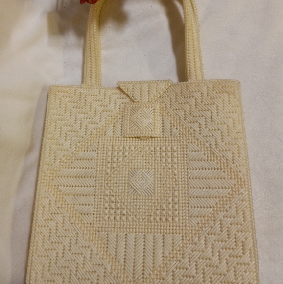 Vintage Handmade Unique Designed Cream Crochet Tote size Handbag 👜 - Picture 8 of 10